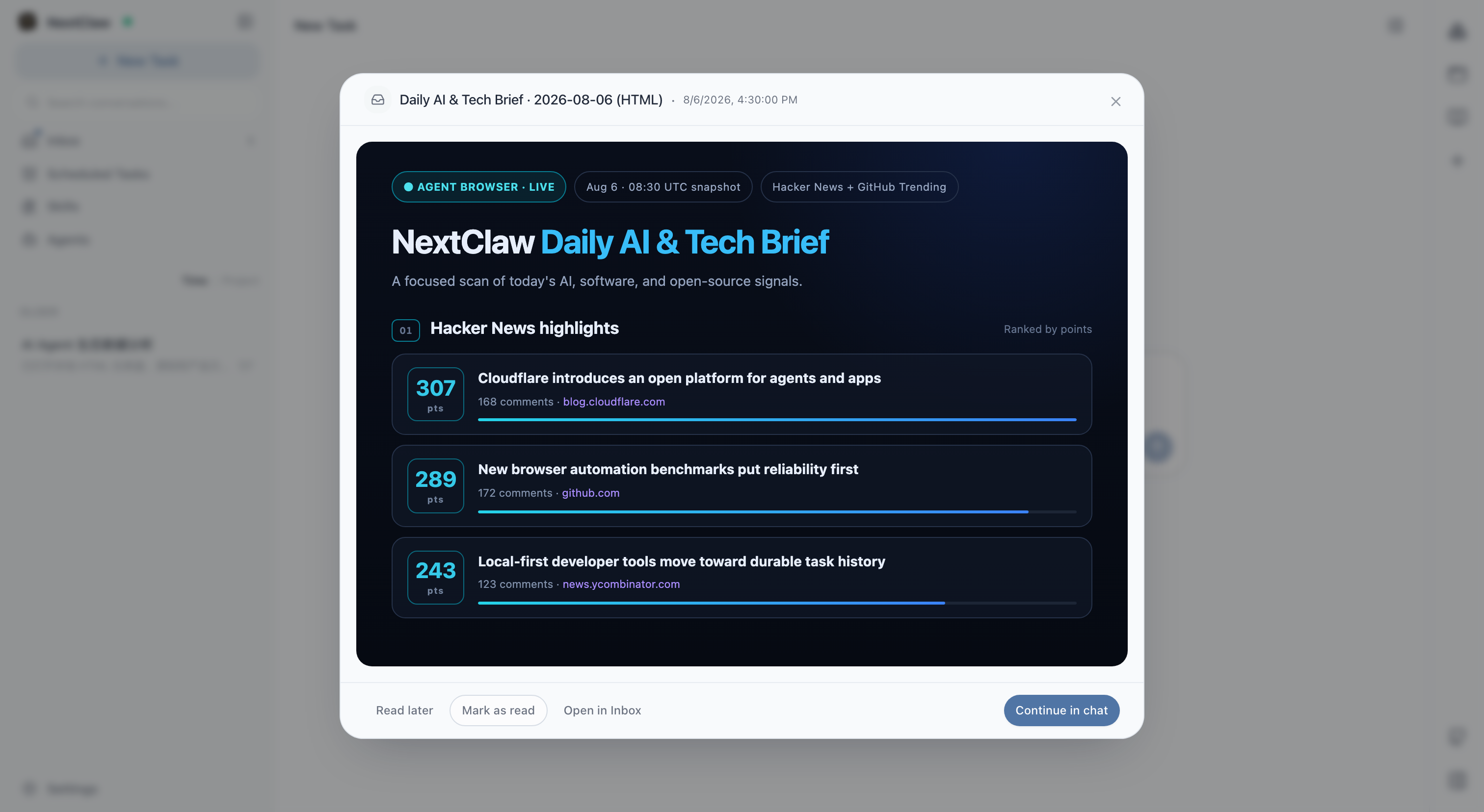 A daily AI and technology briefing created by a background Agent and displayed in the inbox reader
