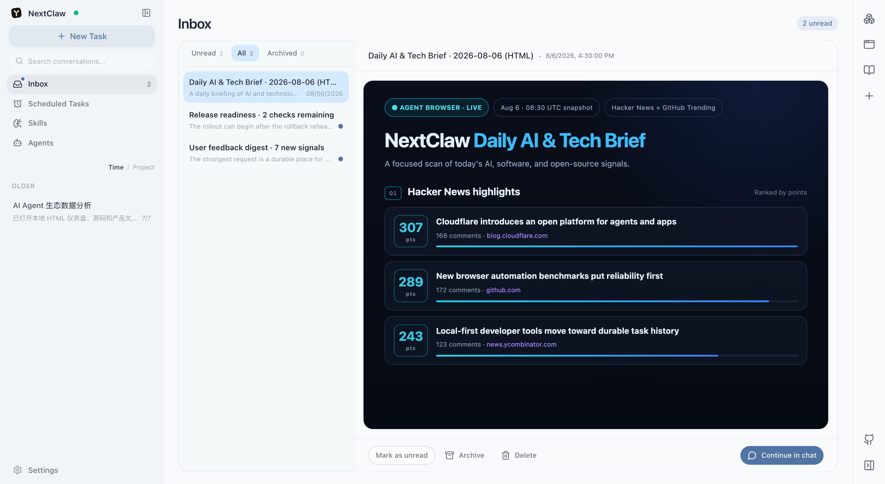 Viewing and managing AI-delivered reports in the NextClaw inbox