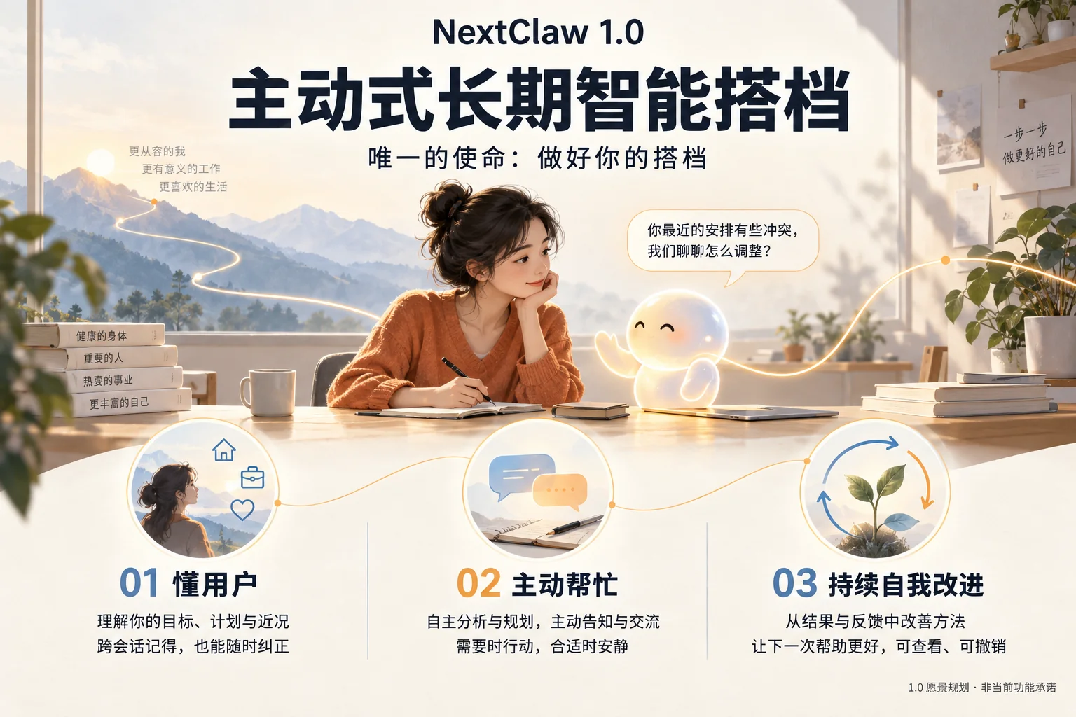 NextClaw 1.0 vision: one mission, to be a good partner to you. Three goals: understand the user, take useful initiative, and continuously improve itself. The partner notices a scheduling conflict and invites the user to discuss it.
